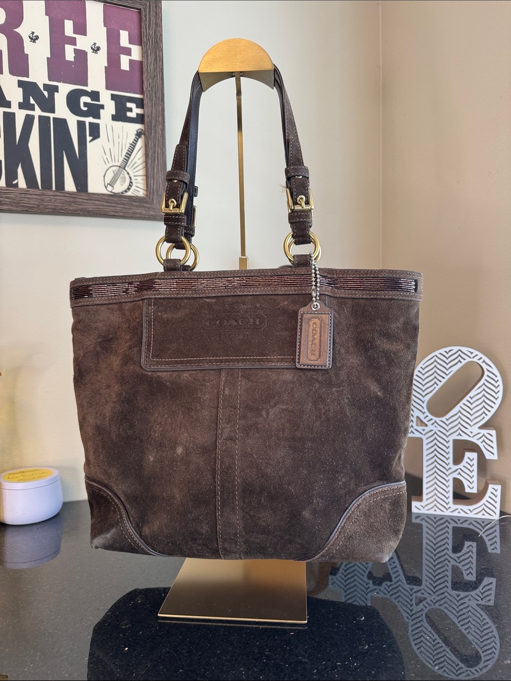 Coach Brown Suede Shoulder Tote with Leather Trim